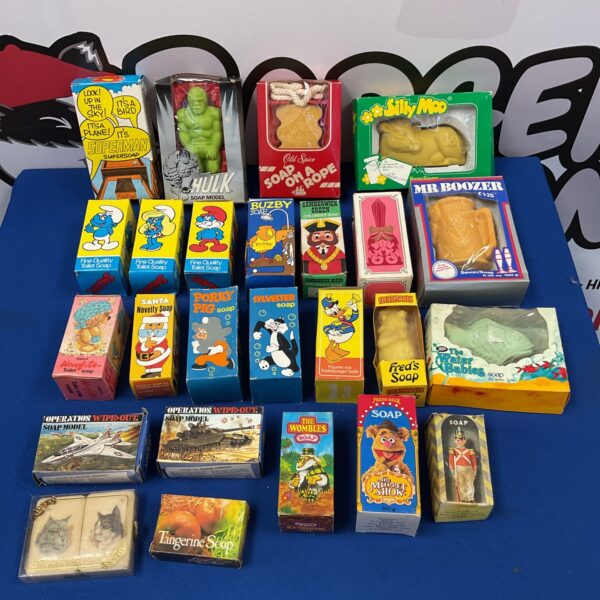 Vintage novelty soaps featuring Smurfs, Superman, and Hulk characters.
