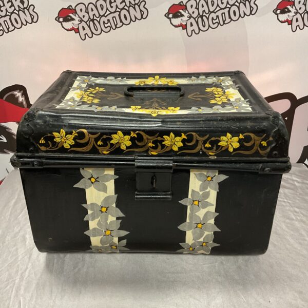Vintage painted metal chest with floral design, antique storage box.