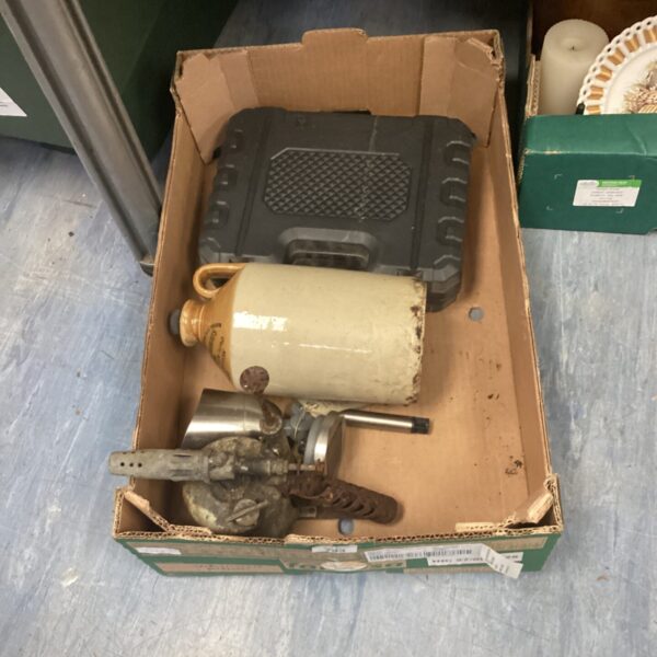 Mixed lot of vintage mechanical parts and a salt-glazed jar.