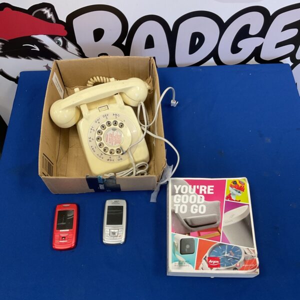 Vintage phone lot featuring rotary phone and Samsung mobile.