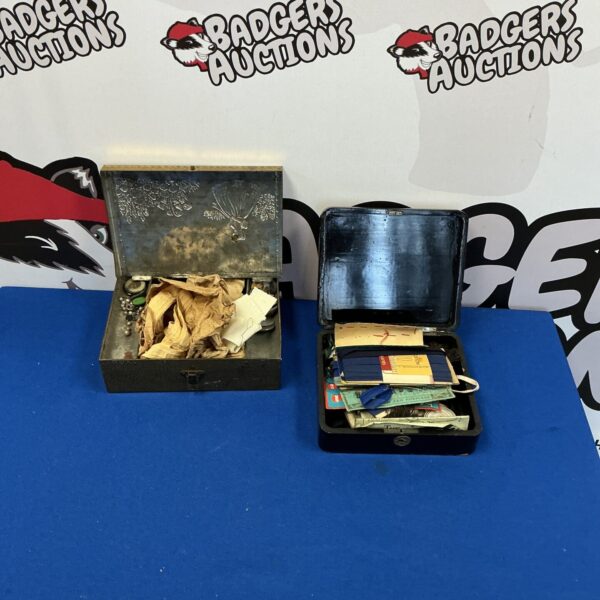 Pair of vintage sewing boxes with contents on a blue background.