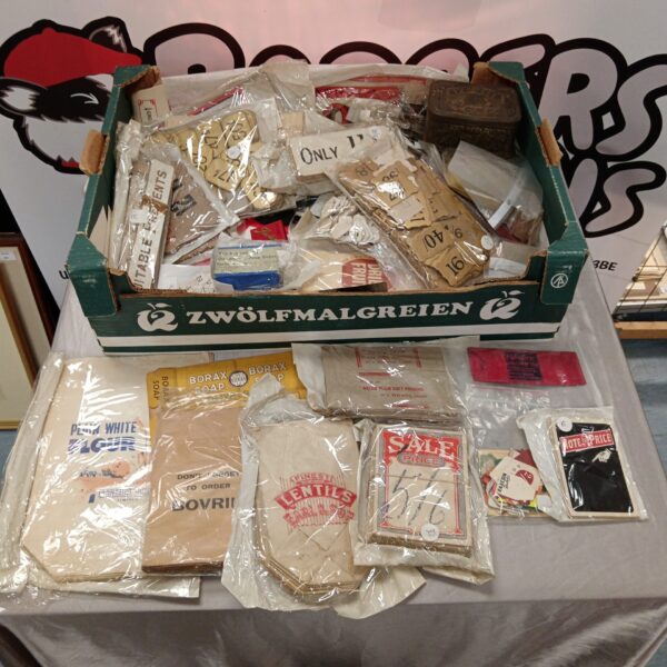 Large lot of vintage shop pricing signs and packaging.
