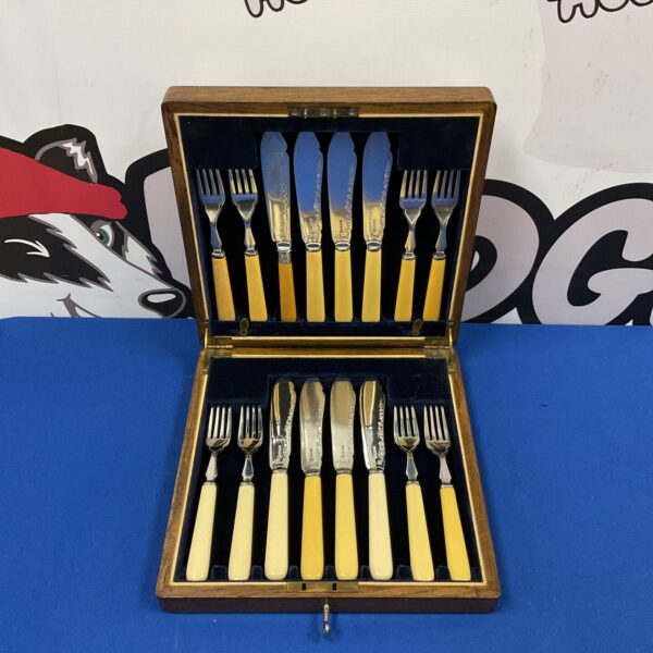 Vintage silver plate fish knife and fork set with bone handles.