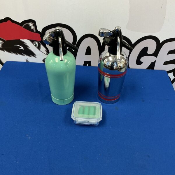 Pair of vintage Sparklet soda syphons, collectible kitchenware.