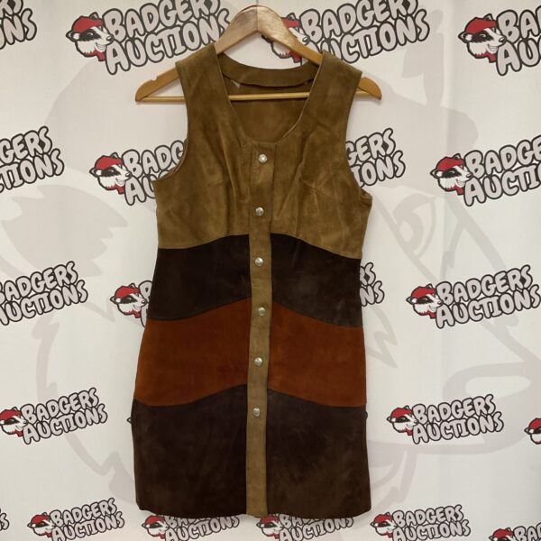 Vintage 1970s suede patchwork vest dress, boho style.