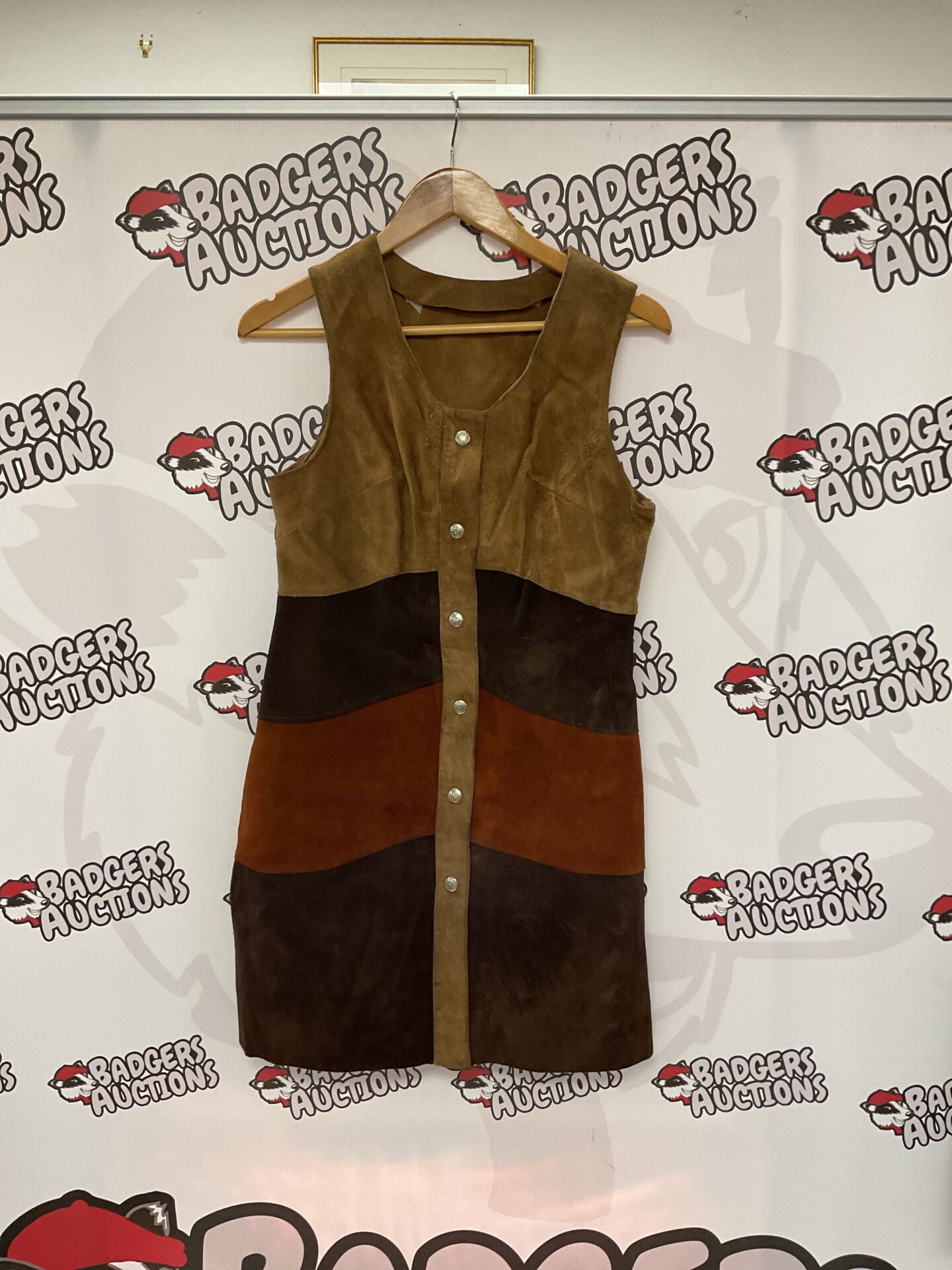 Vintage 1970s suede patchwork vest dress, boho style.