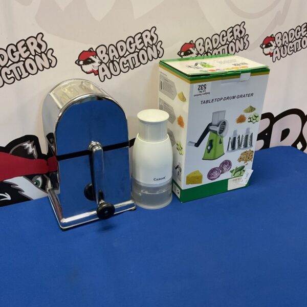 Vintage tabletop cutter and grinder for kitchen use.