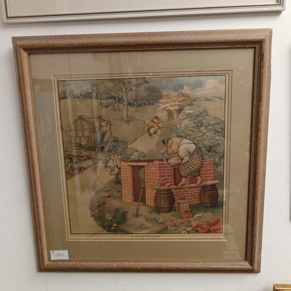 Vintage framed print of the three little pigs fairytale illustration.