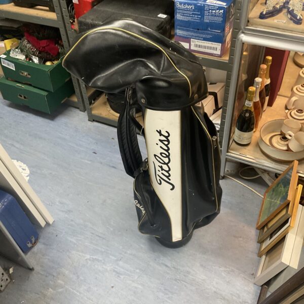 Front view of a vintage Titleist leather golf bag.