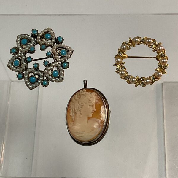 Vibrant vintage turquoise and pearl floral brooch, antique jewellery.