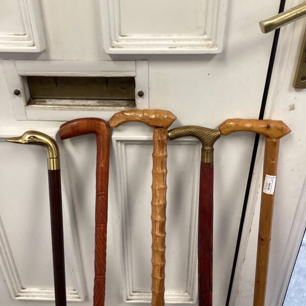 Group of five vintage walking sticks against a door.