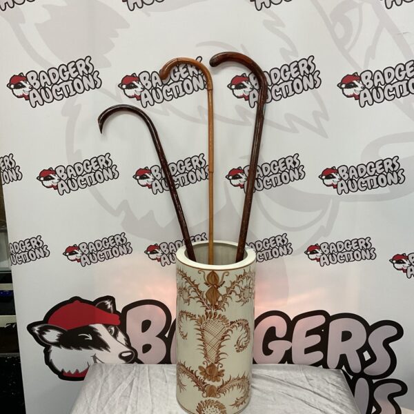 Vintage walking sticks and hand-painted stick stand for antique collectors.