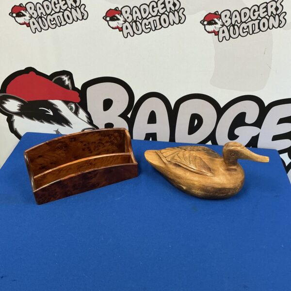 Vintage wooden duck letter rack with walnut base.