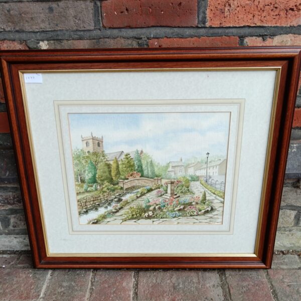 Signed watercolour painting of Waddington village, Lancashire countryside scene.