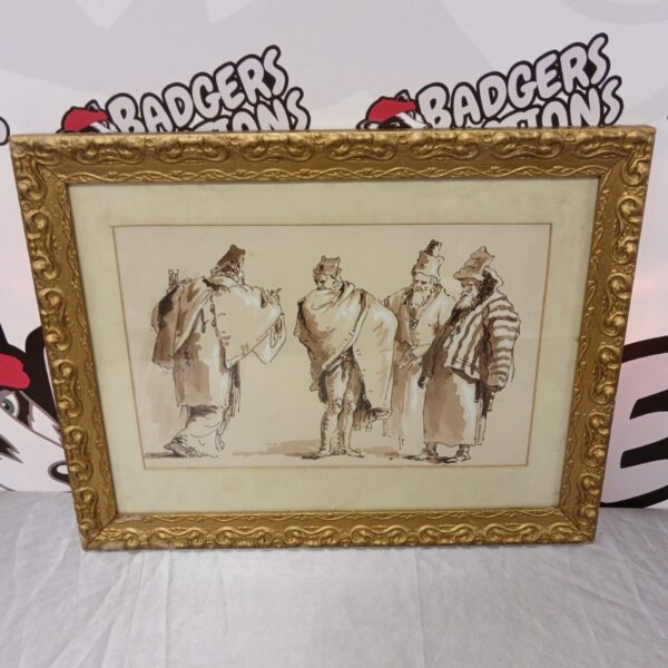 Antique watercolour classical portrait study of men discussing.