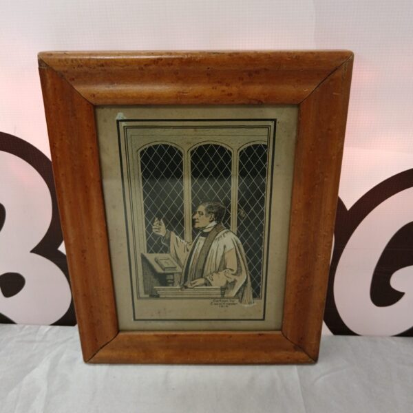 Vintage 1914 watercolour painting of a reverend in maple frame.