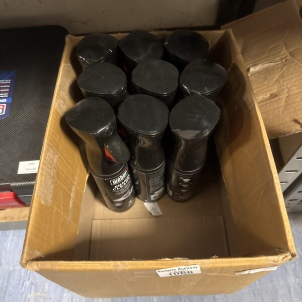 Nine bottles of Weber enamel barbecue cleaner for grill maintenance.