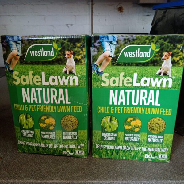 Two boxes of Westland Safe Lawn natural feed for a healthy lawn.