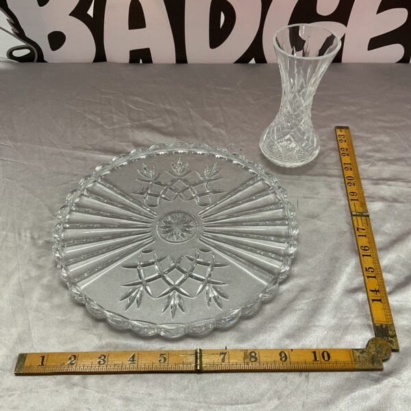 Vintage Whitefriars crystal tray and vase set with geometric cuts.