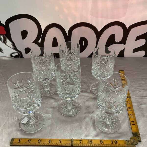 Set of six vintage Whitefriars Harrow lead crystal wine glasses.