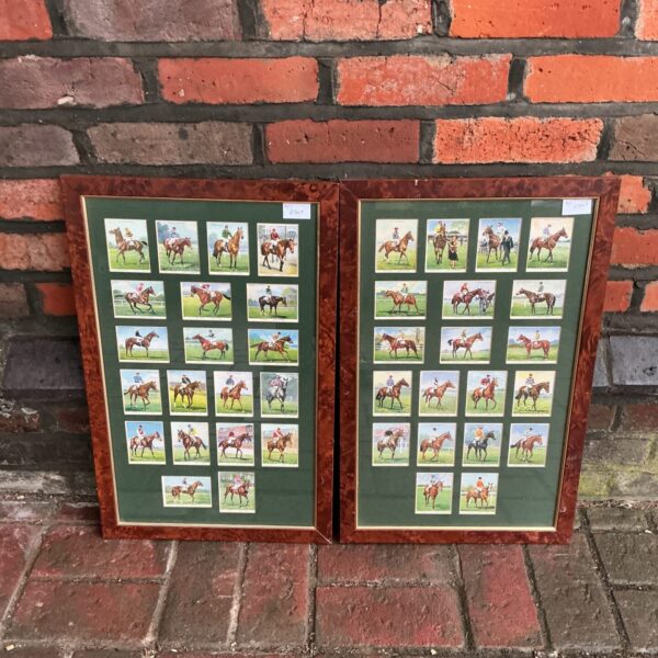 Framed set of vintage Wills cigarette cards featuring racehorses and jockeys.