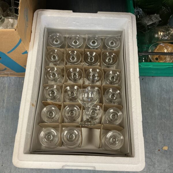Clear wine glasses in a foam insert for storage.