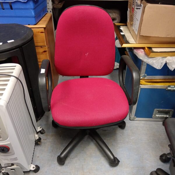Wine red office chair with swivel base and fabric upholstery.