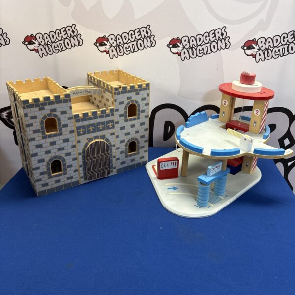 Vintage wooden car park playset with two levels.