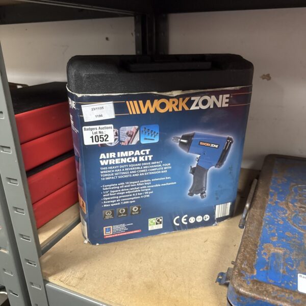 Workzone air impact wrench kit with sockets and case.