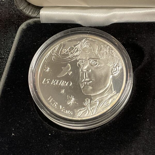 Silver proof coin featuring portrait of William Butler Yeats.