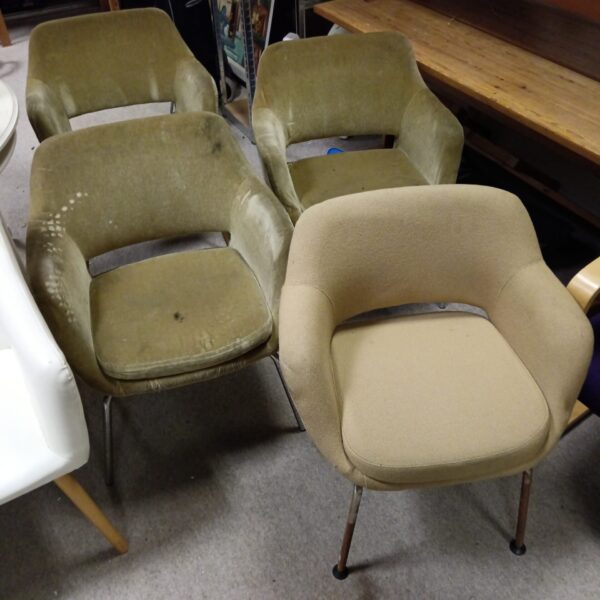 Set of 4 vintage green fabric upholstered chairs with chrome legs for restoration