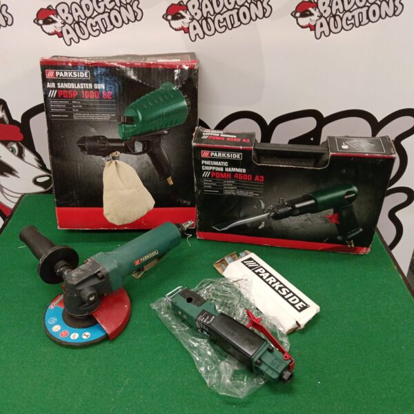 Selection of air tools inc parkside sandblaster gun, air chisel & angle grinder