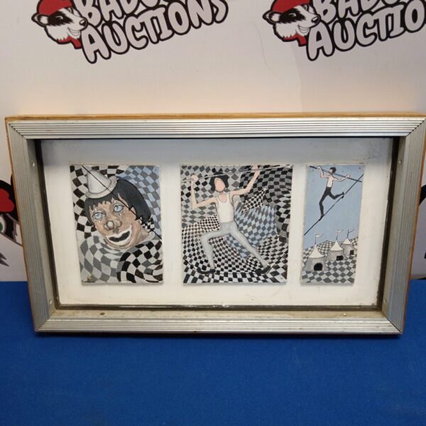 set of 3 ron wood signed oils on board of cirsus performers including clown