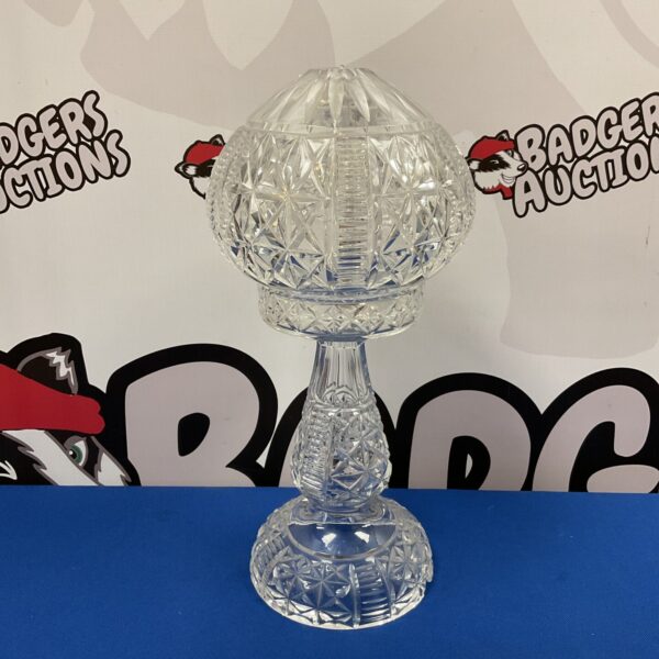 Vintage 1920s cut glass table lamp with mushroom shade.