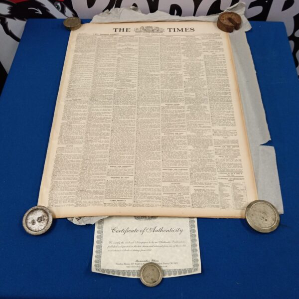 Original 1937 Times newspaper with certificate, a historical collectible.