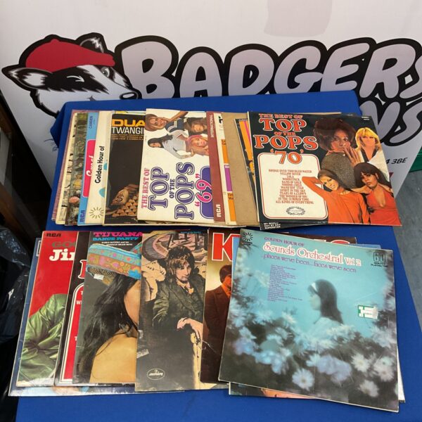 Vintage vinyl records lot from the 1960s and 1970s, pop music collection.