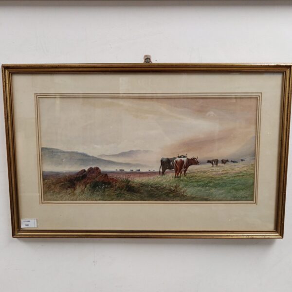 19th-century watercolour painting of cattle in a highland landscape.