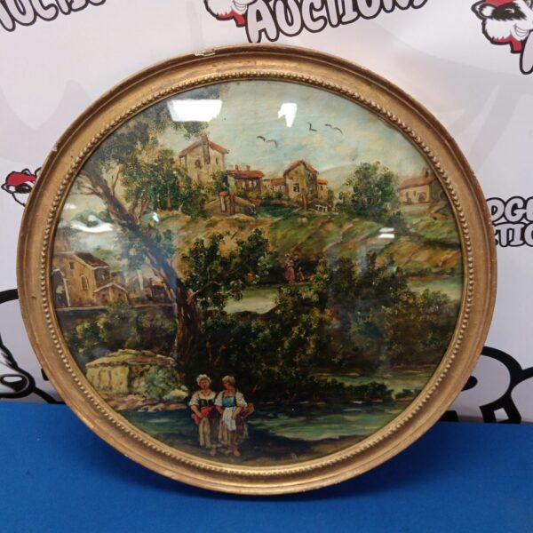 19th-century landscape painting with farm workers and hillside dwellings.