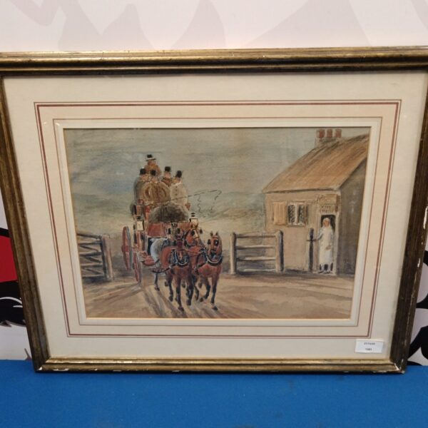 19th-century watercolour painting of a stagecoach in a rural landscape.