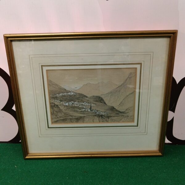 19th-century watercolour painting of a Swiss village landscape.