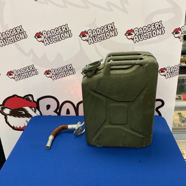Khaki green 20L fuel can for petrol storage.