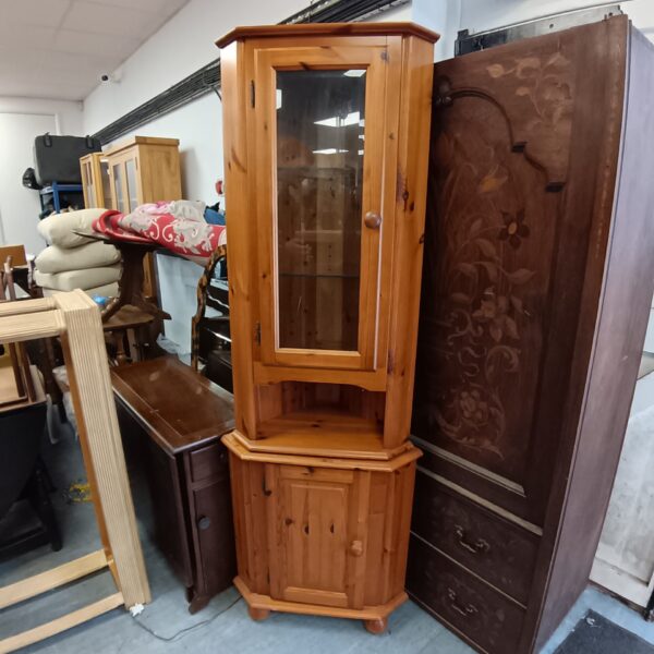 Tall pine glass fronted corner display cabinet