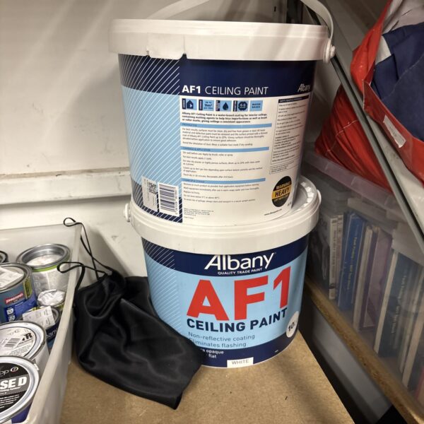 Two tubs of white AF1 ceiling paint for home DIY projects.