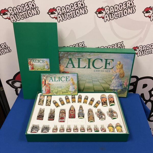 Full view of the vintage Alice in Wonderland chess set.