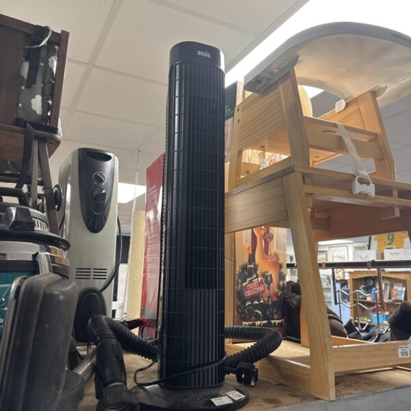 Front view of a black Ansio oscillating tower fan.