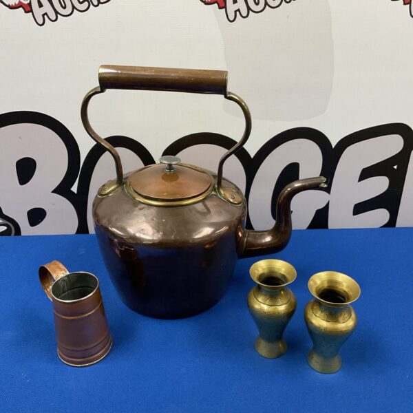 Antique copper kettle set with jug and brass vases.