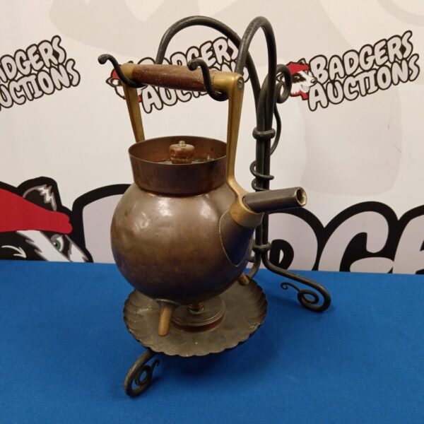 Antique copper spirit kettle with stand, Victorian style.