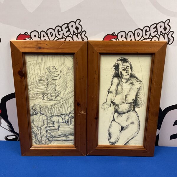 Antique framed pencil and ink portrait sketches, vintage art.