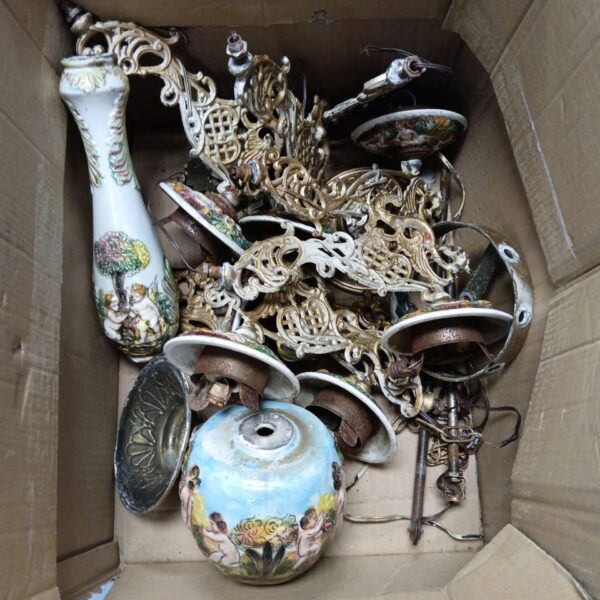 Antique porcelain chandelier with hand-painted cherubs and brass arms.