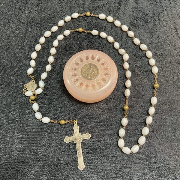 Antique rosary beads with box and Mary medal.